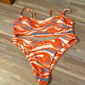 Women’s orange and blue bikini. Size medium. Straight top